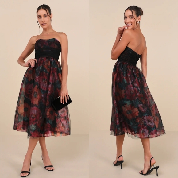 Lulus Splendidly Yours Black Floral Organza Mesh Strapless Midi Dress L Wedding - Picture 1 of 9